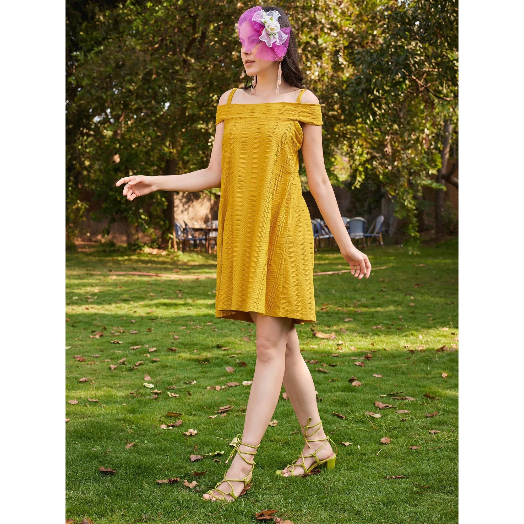 Purvaja Womens Tie-Up/Flared Above Knee Length Dress (Suzi-002-Yellow_Yellow_Large)