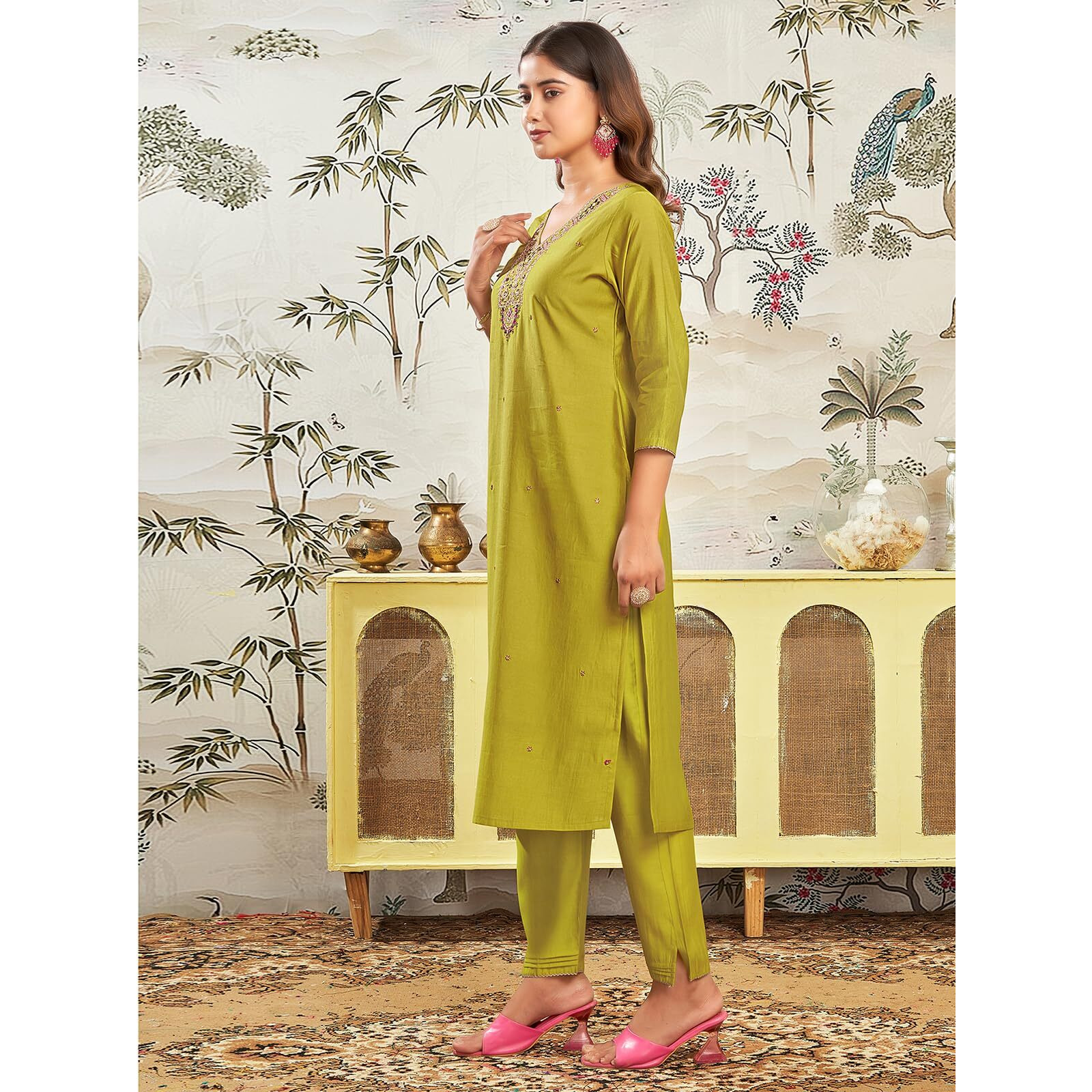 Sanisa Women's Silk Blend Sequins And Embroidery Straight Kurta With Pant And Dupatta Set (192Kbd2047N-Xl_Mustard Green)