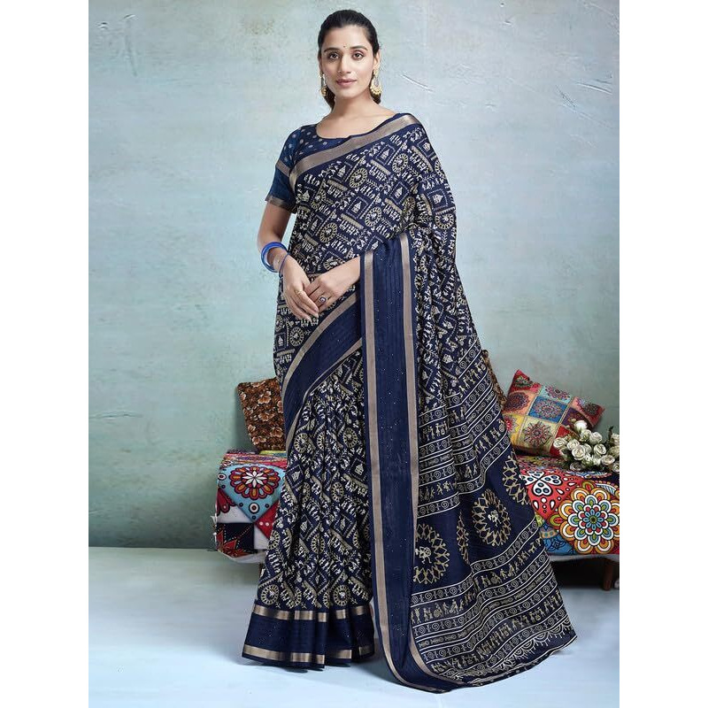 Satrani Women's Dola Silk Varli Printed Sequence And Zari Border Saree With Unstitched Blouse Piece (3636S211N_Dark Blue1)