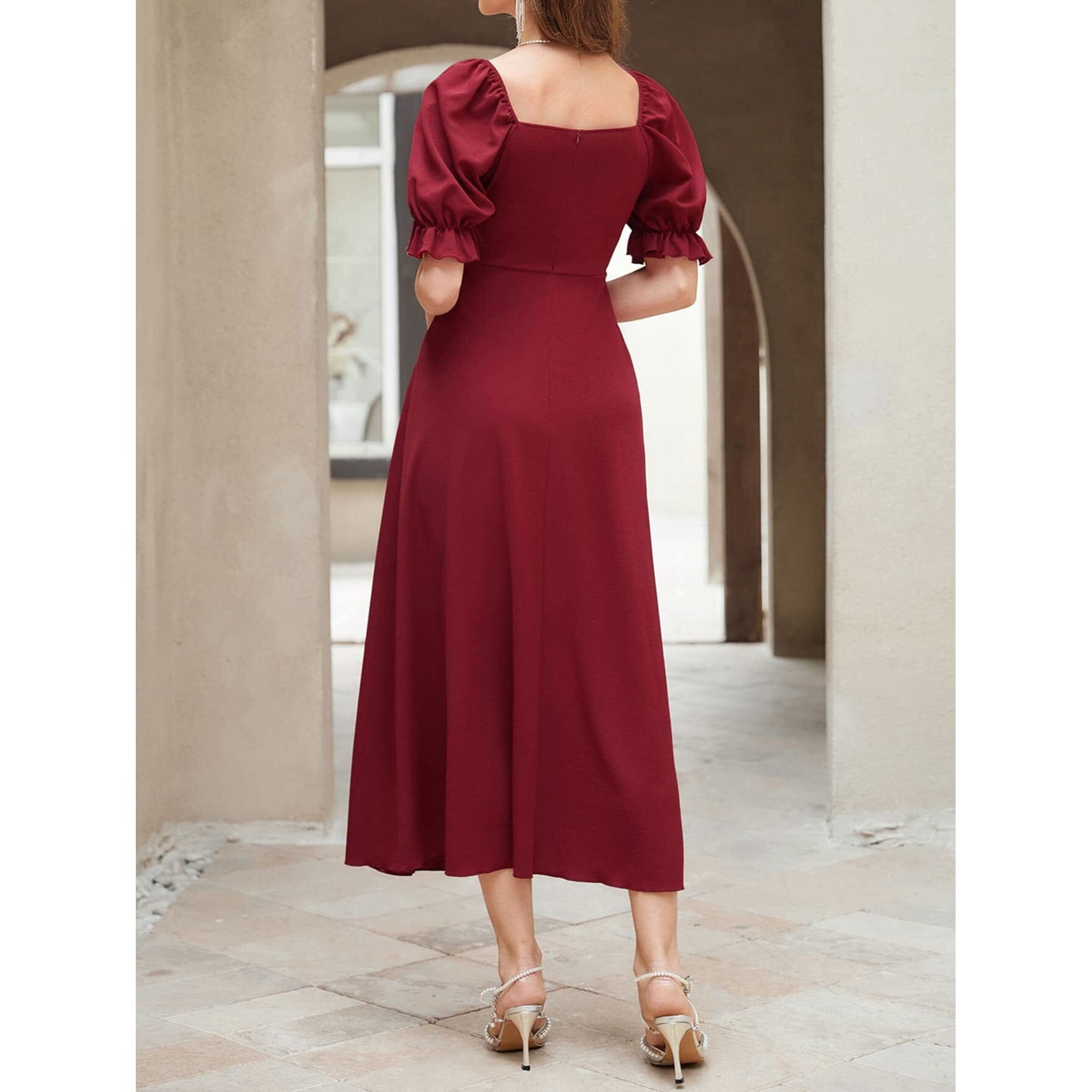 Shasmi Girl's & Women's Solid Maroon A-Line Ruched Puff Sleeve Maxi Long Evening One Piece Long Dress For Women Stylish (Dress 131 Maroon-L)