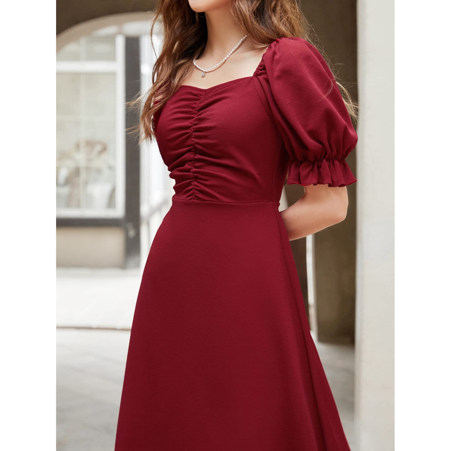 Shasmi Girl's & Women's Solid Maroon A-Line Ruched Puff Sleeve Maxi Long Evening One Piece Long Dress For Women Stylish (Dress 131 Maroon-L)