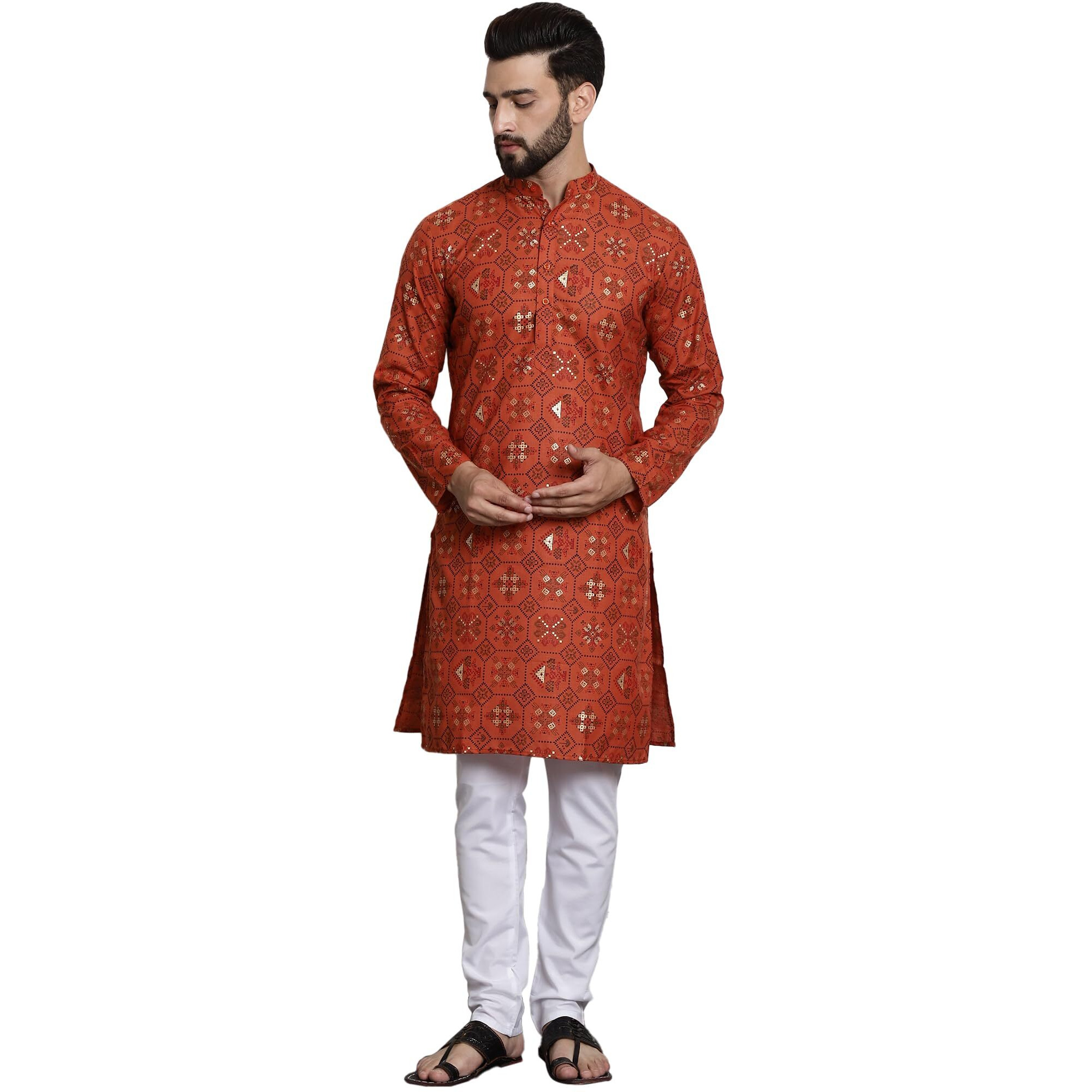 Sojanya (Since 1958 Mens Cotton Blend Orange Kurta And White Churidar Pyjama Set