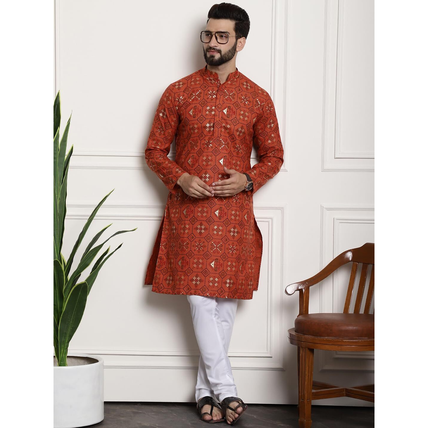 Sojanya (Since 1958 Mens Cotton Blend Orange Kurta And White Churidar Pyjama Set