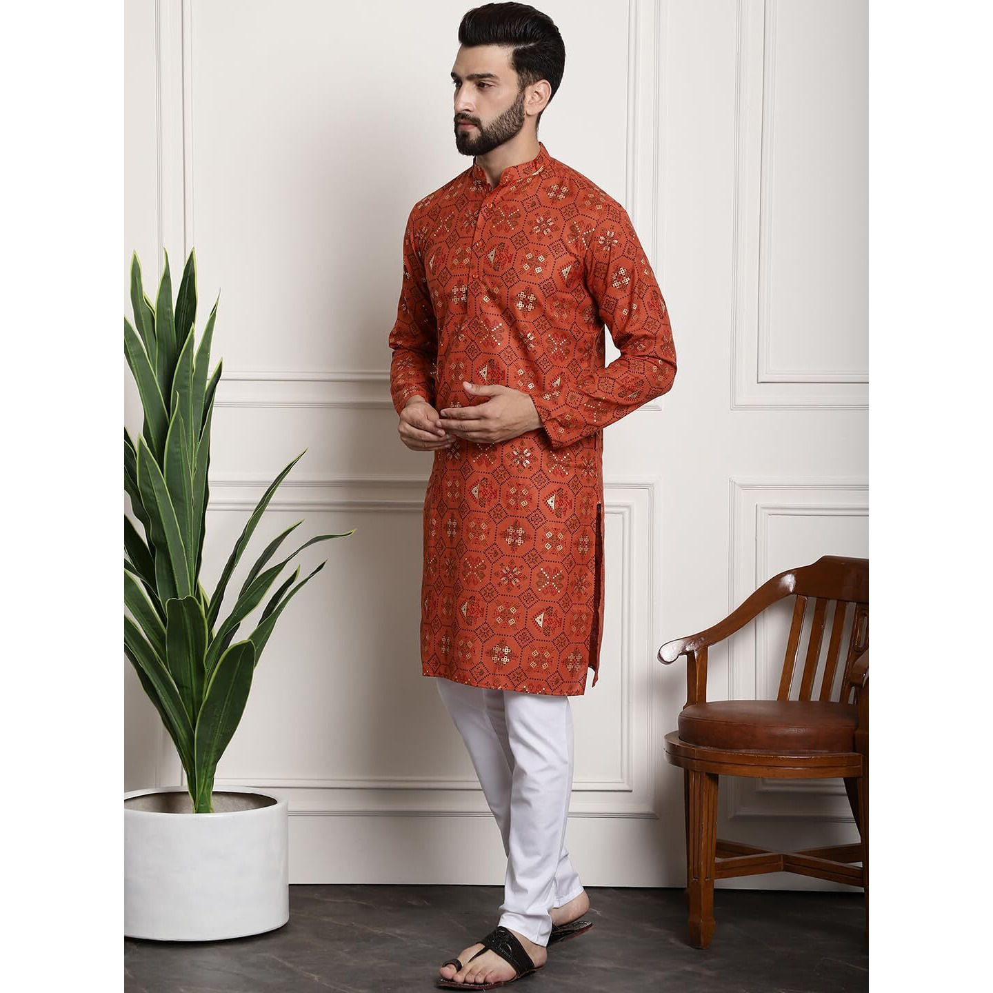 Sojanya (Since 1958 Mens Cotton Blend Orange Kurta And White Churidar Pyjama Set