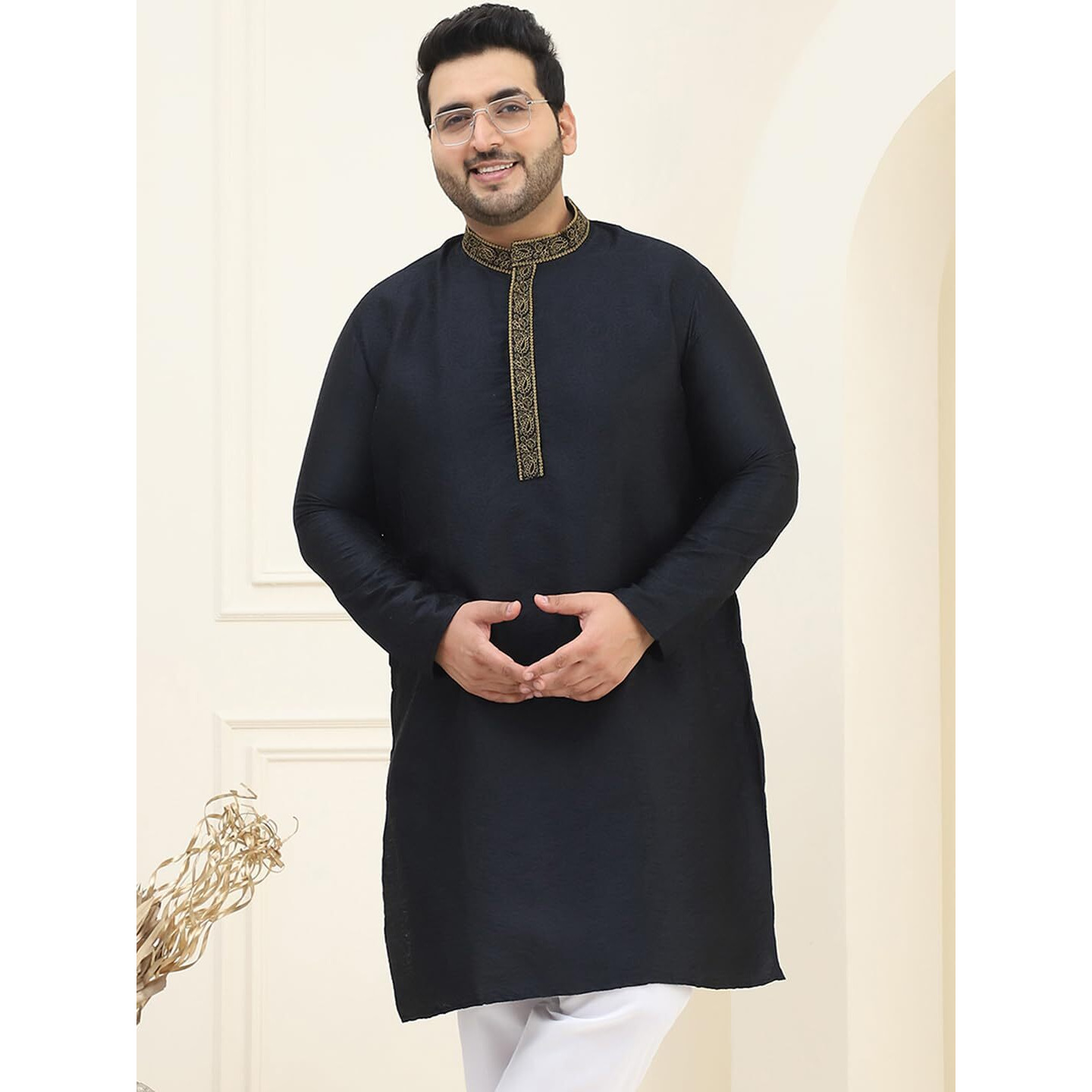 Sojanya Plus (Since 1958) Mens Silk Blend Black Self Design Only Long Kurta
