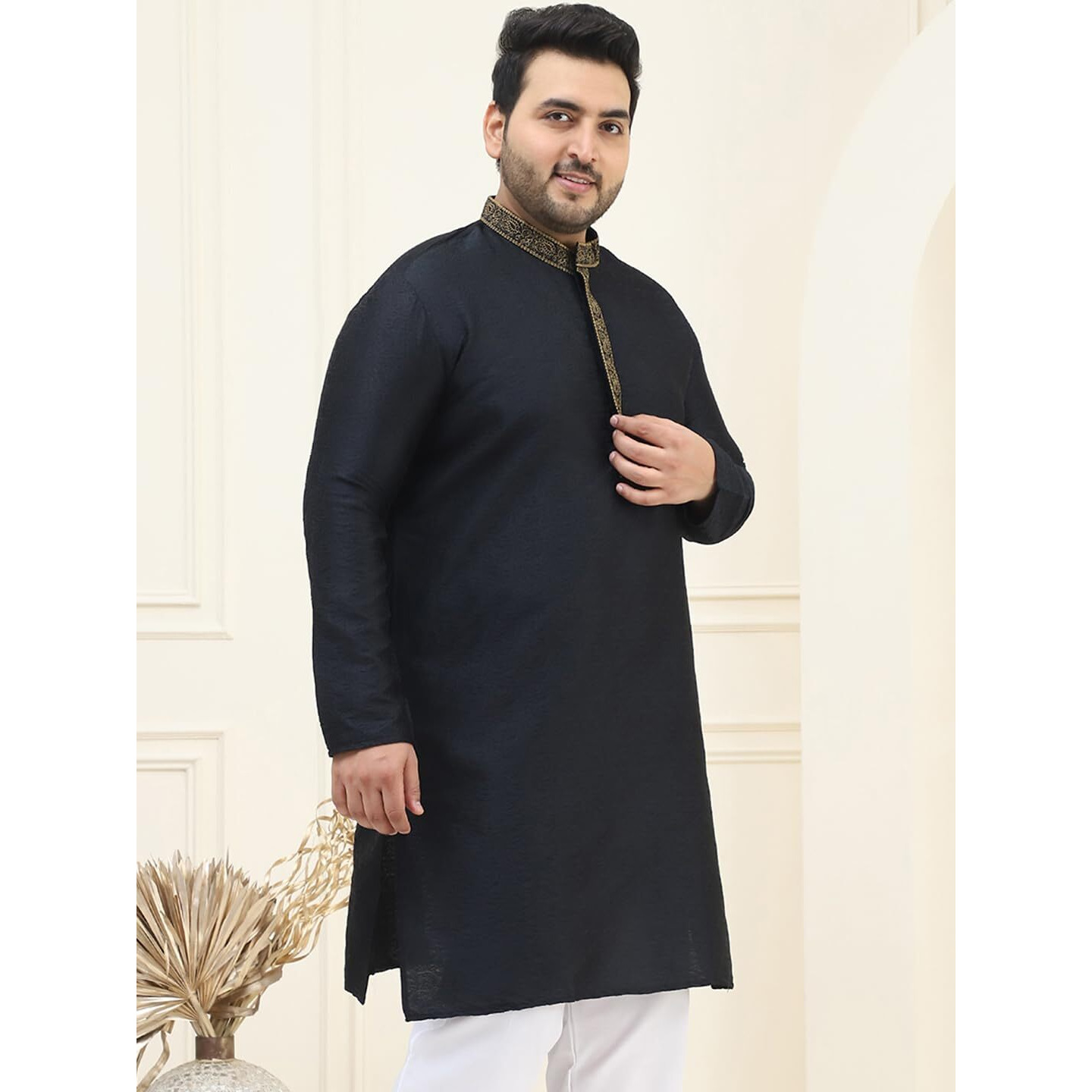 Sojanya Plus (Since 1958) Mens Silk Blend Black Self Design Only Long Kurta