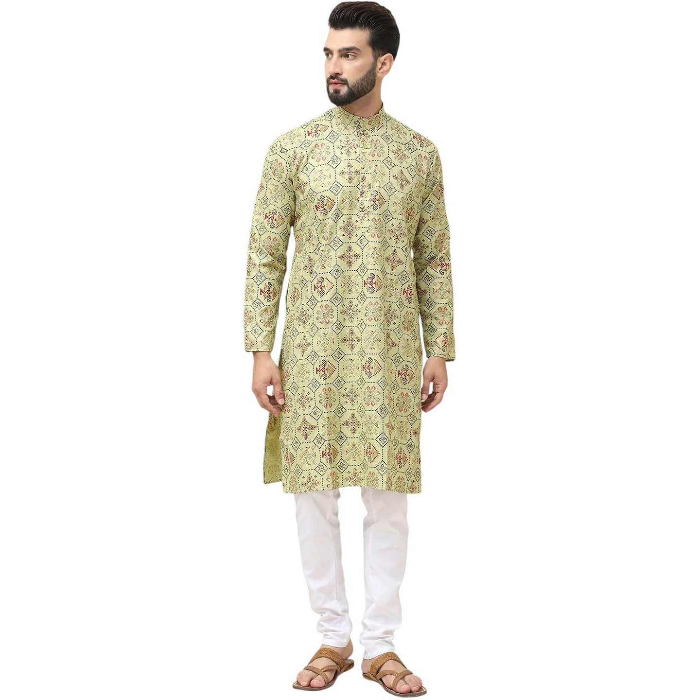 Sojanya (Since 1958 Mens Cotton Blend Pista Green Printed Kurta And White Churidar Pyjama Set