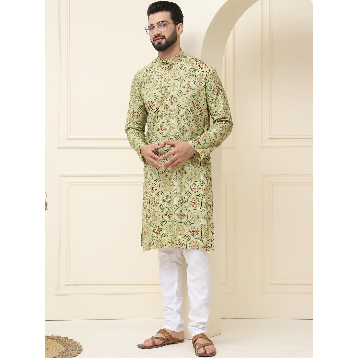 Sojanya (Since 1958 Mens Cotton Blend Pista Green Printed Kurta And White Churidar Pyjama Set