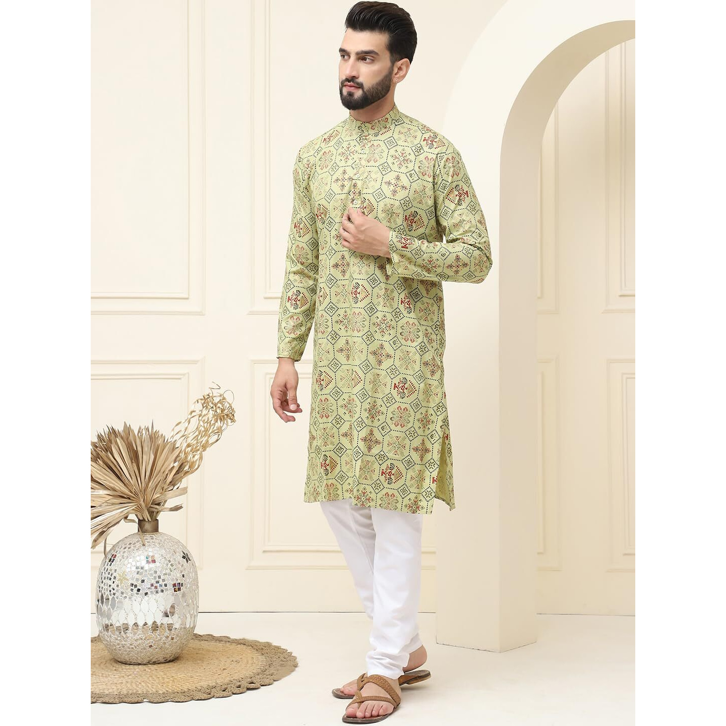 Sojanya (Since 1958 Mens Cotton Blend Pista Green Printed Kurta And White Churidar Pyjama Set