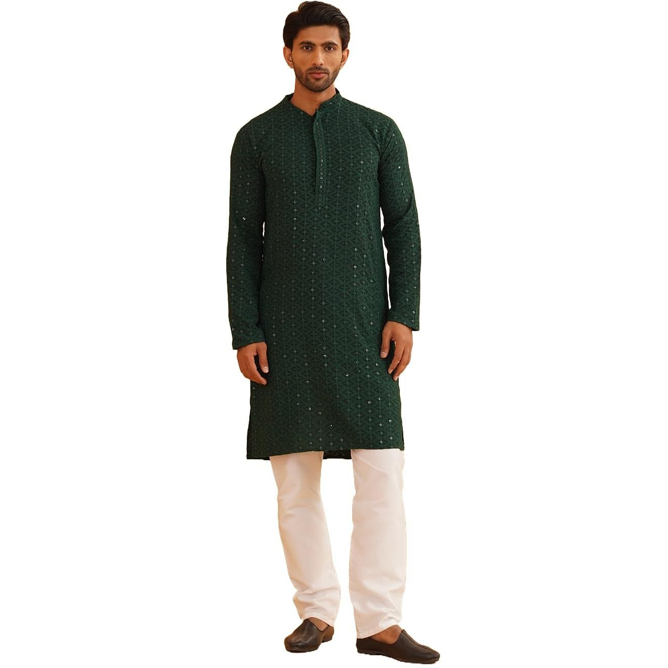 Sojanya (Since 1958 Mens Pure Cotton Green Embroidered Sequined Kurta And White Pyjama Set