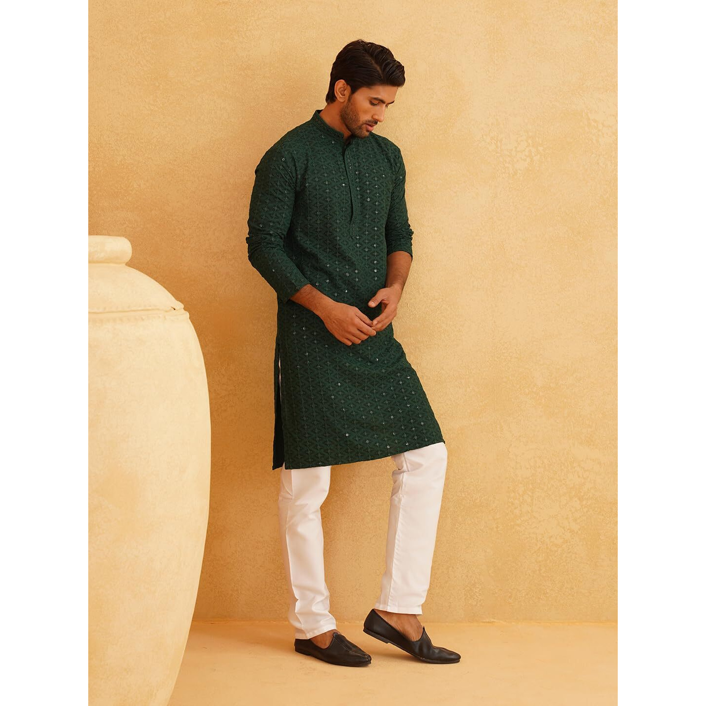 Sojanya (Since 1958 Mens Pure Cotton Green Embroidered Sequined Kurta And White Pyjama Set