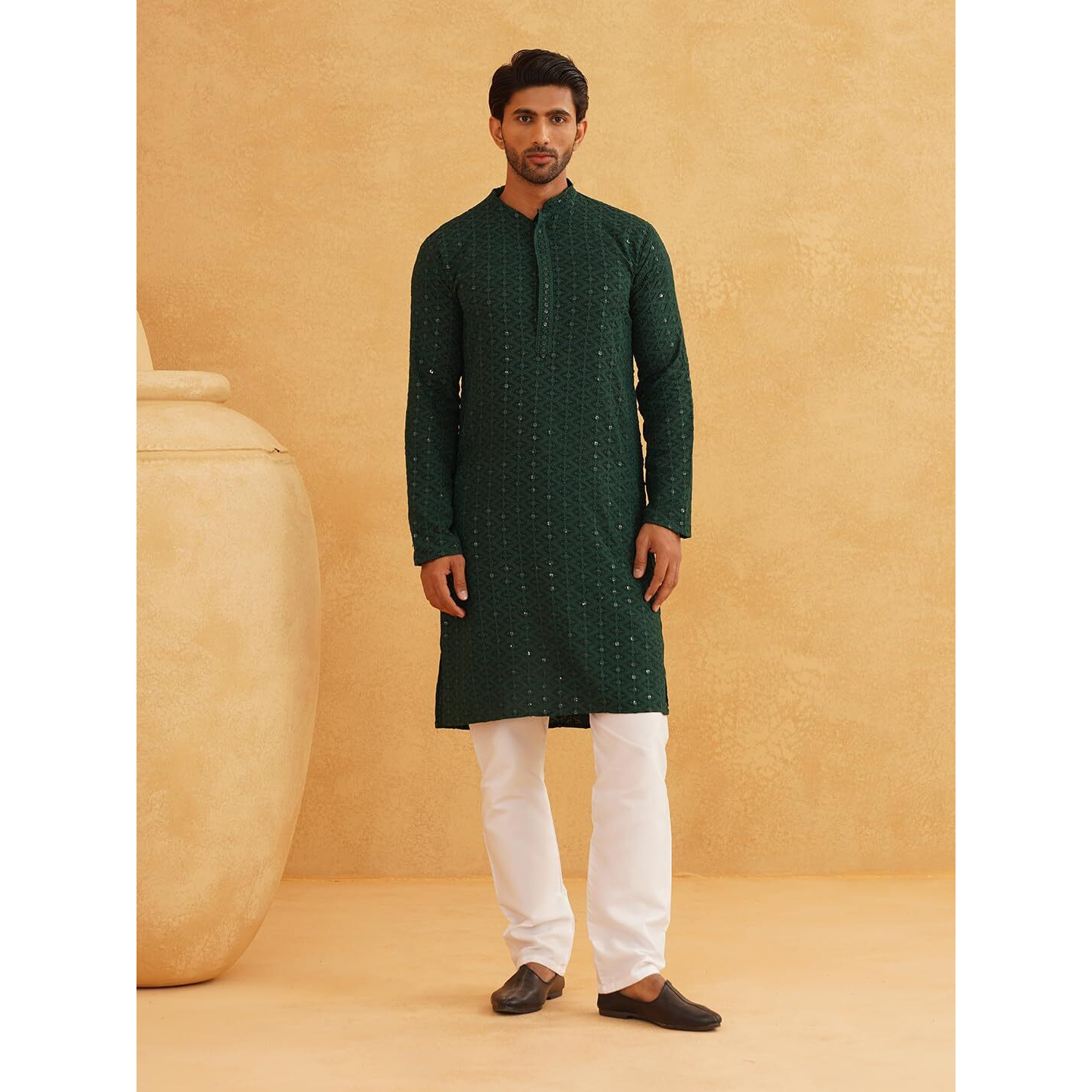 Sojanya (Since 1958 Mens Pure Cotton Green Embroidered Sequined Kurta And White Pyjama Set