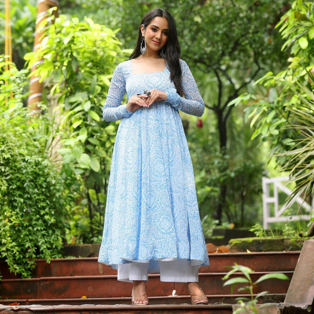 Toochki Kurti For Women | Kurtis | Georgette Kurtas | Flared Anarkali | One Piece | Sky Blue | Printed