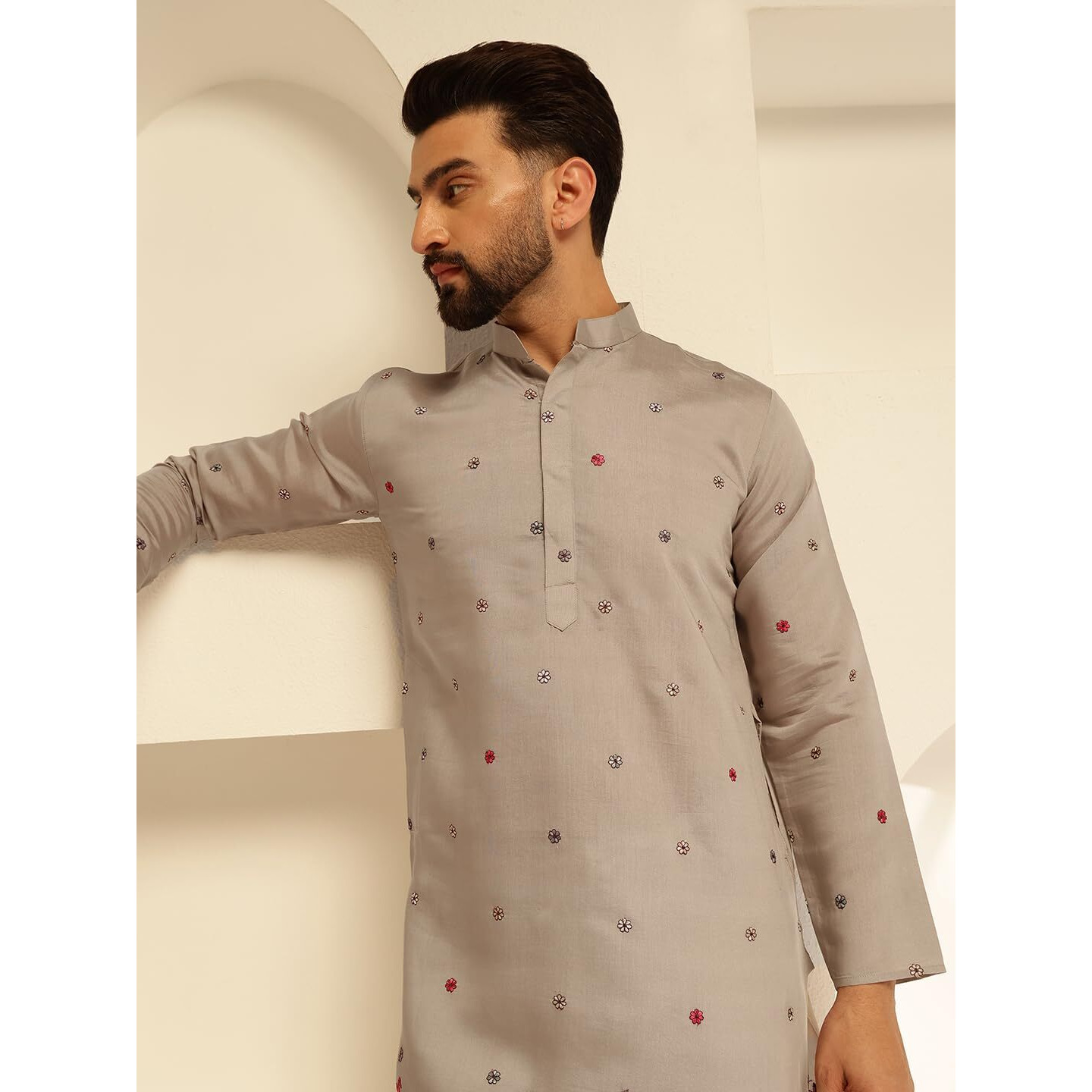 Sojanya (Since 1958 Mens Cotton Silk Daman Embroidered Grey Long Kurta