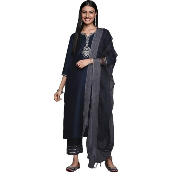 Varanga Blue Embroidered Kurta With Contrast Bottom And Dupatta