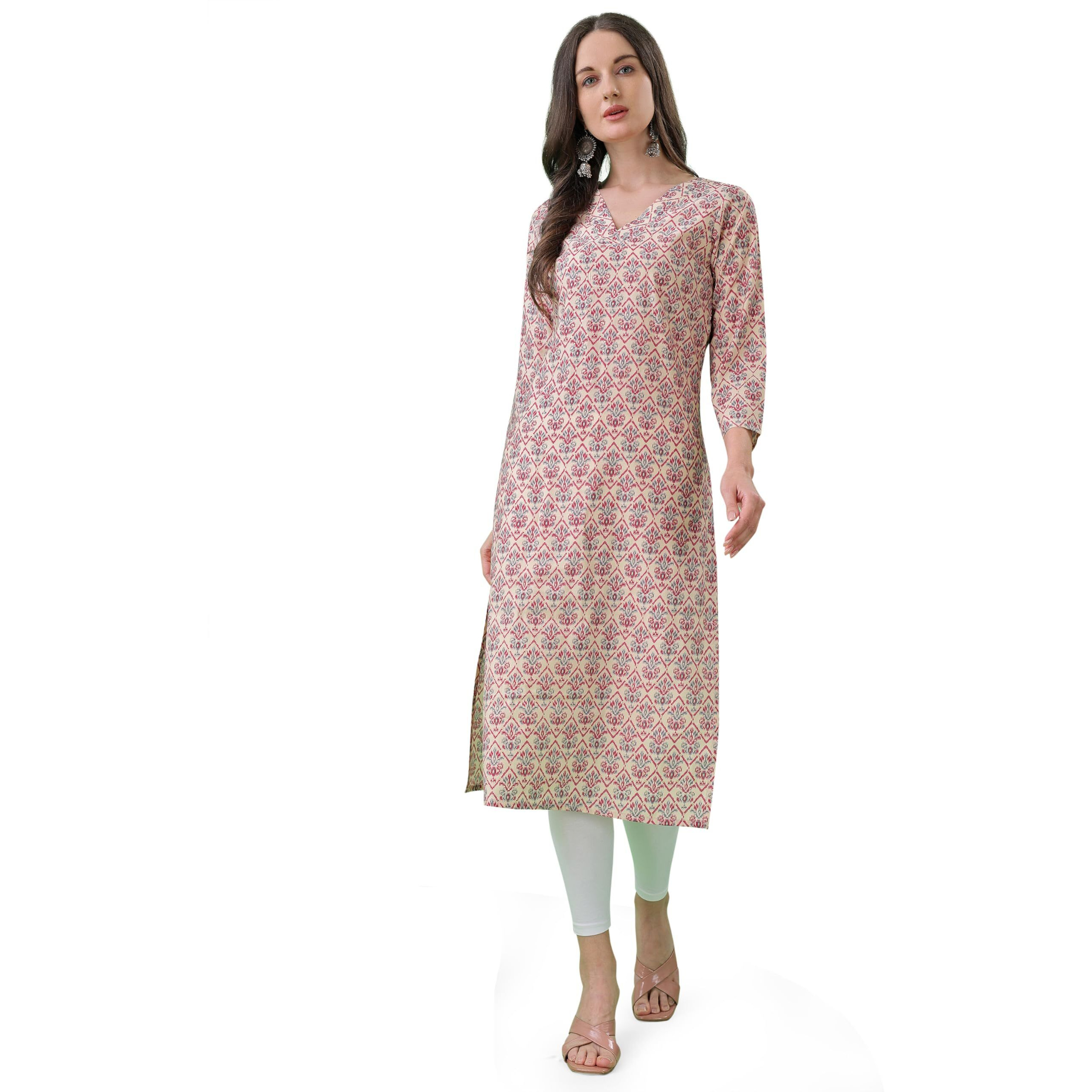 Womanista Womens Silk Blend Ethnic Motifs Straight Kurti_112_Beige