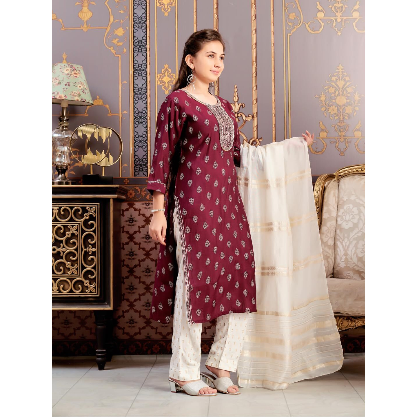 Aarika Girls Ethnic Wear Wine Colour Foil Print Embroidery Silk Kurti-8-15 Years (Kurti-Sd-5974)