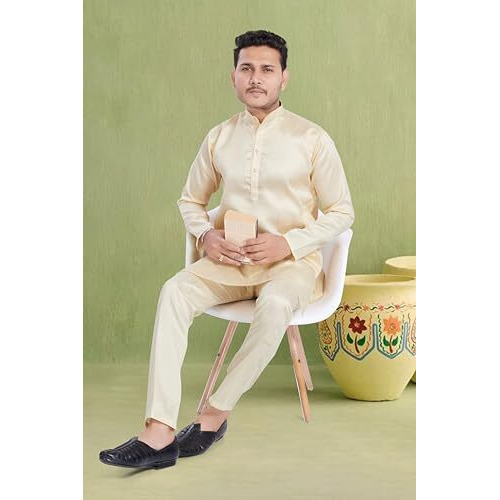 Divisive Mens Plain Dupion Silk Blend Slim Fit Kurta Pyjama Set (Dkrt932_S_Ivory)