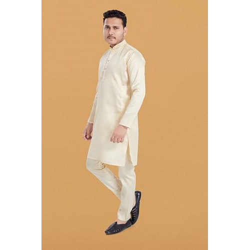 Divisive Mens Plain Dupion Silk Blend Slim Fit Kurta Pyjama Set (Dkrt932_S_Ivory)