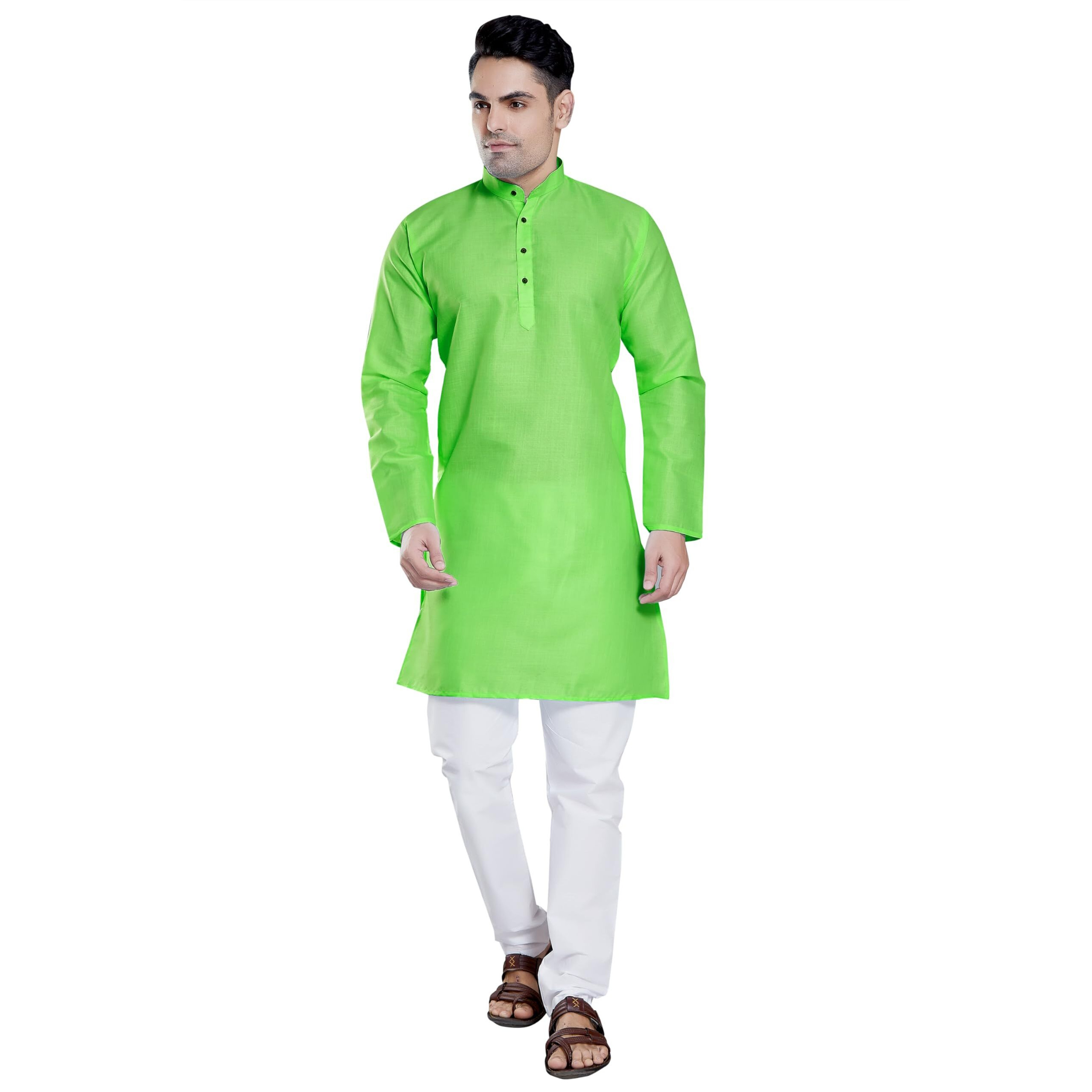 Divisive Mens Plain Cotton Blend Linen Slim Fit Kurta Pyjama Set (Dkrt66_L_Parrot Green)