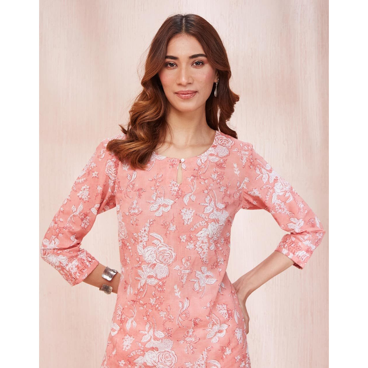 Fabindia Womens Cotton Printed Slim Kurta (1037318Pink_Pink