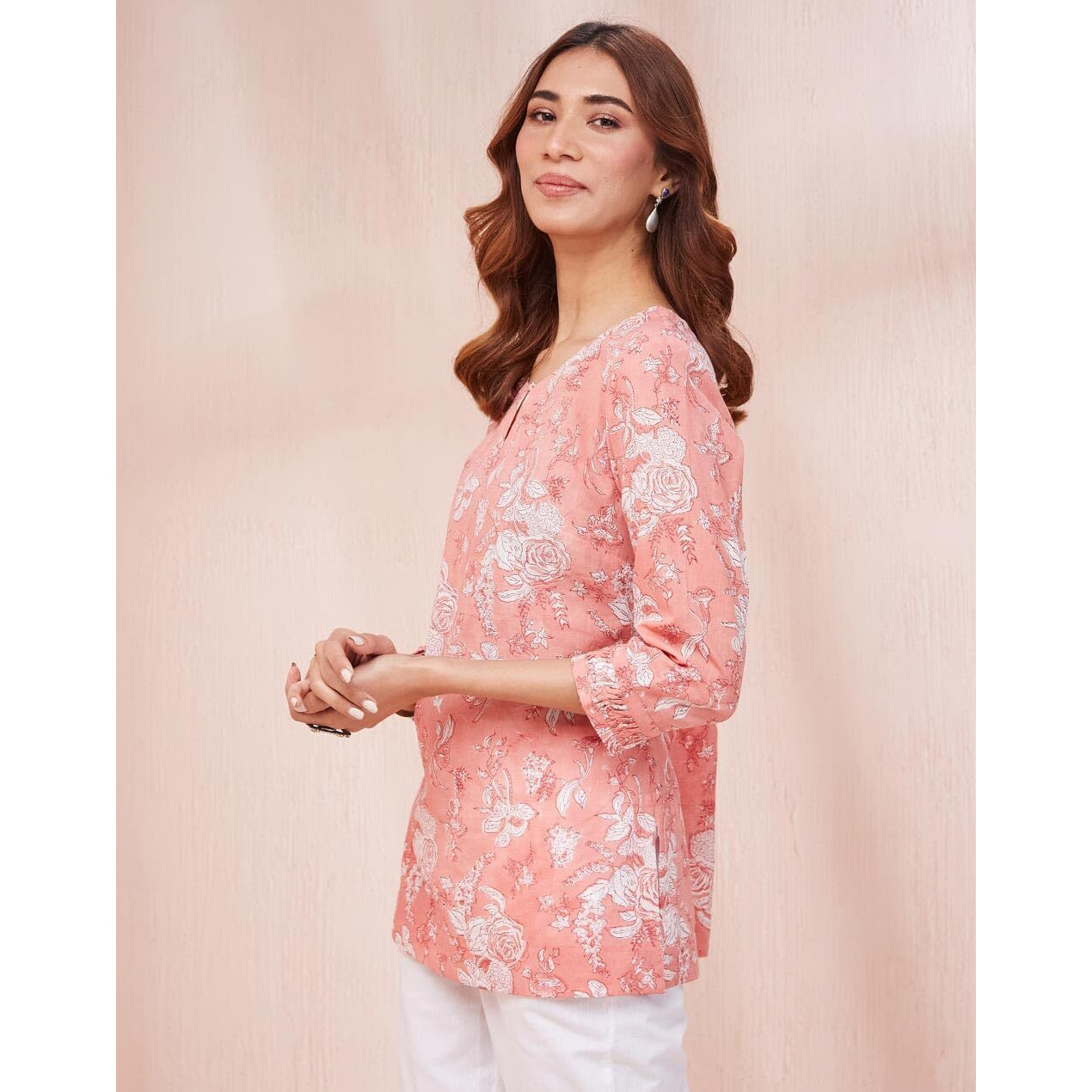 Fabindia Womens Cotton Printed Slim Kurta (1037318Pink_Pink