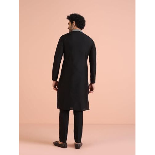 Kisah Men Black Kurta, Cotton, Full Sleaves, Knee Length, Straight, Regular Fit, Mandarin Collar Ethnic Wear-40