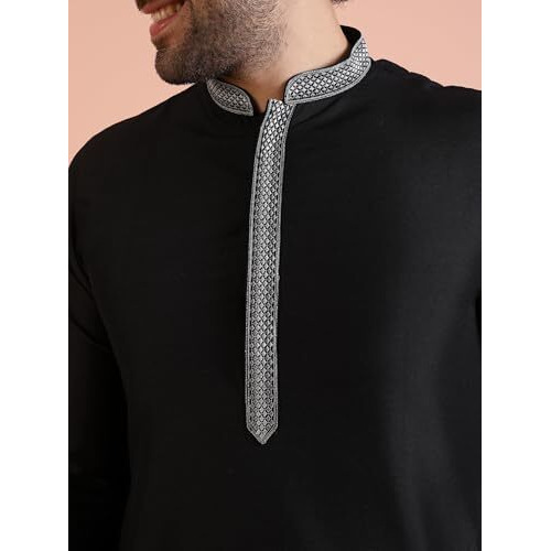 Kisah Men Black Kurta, Cotton, Full Sleaves, Knee Length, Straight, Regular Fit, Mandarin Collar Ethnic Wear-40