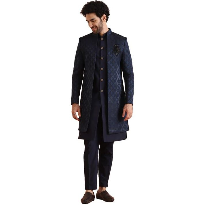 Kisah Mens Jacket Sherwani Trouser Set|Silk Blend Fabric Jacquard Pattern Indo-Western Sherwani Set For Men|Regular Fit Mandarin Collar Long Sleeves, Navy Blue, 40