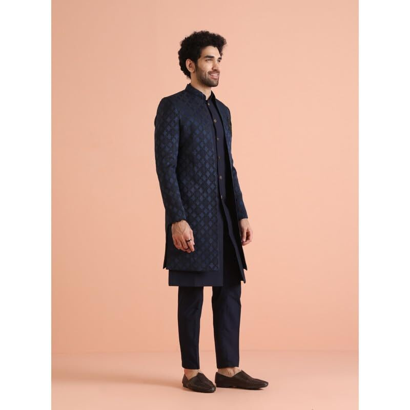 Kisah Mens Jacket Sherwani Trouser Set|Silk Blend Fabric Jacquard Pattern Indo-Western Sherwani Set For Men|Regular Fit Mandarin Collar Long Sleeves, Navy Blue, 40