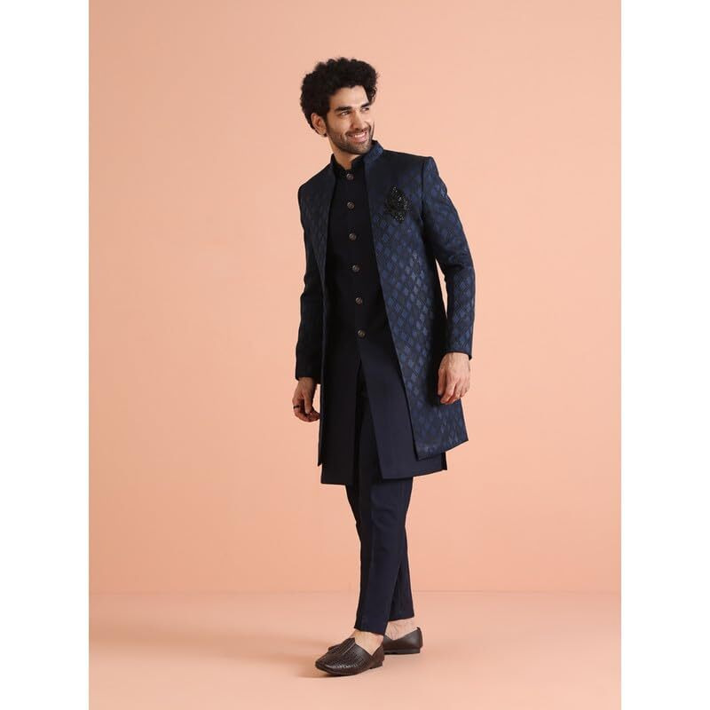 Kisah Mens Jacket Sherwani Trouser Set|Silk Blend Fabric Jacquard Pattern Indo-Western Sherwani Set For Men|Regular Fit Mandarin Collar Long Sleeves, Navy Blue, 40