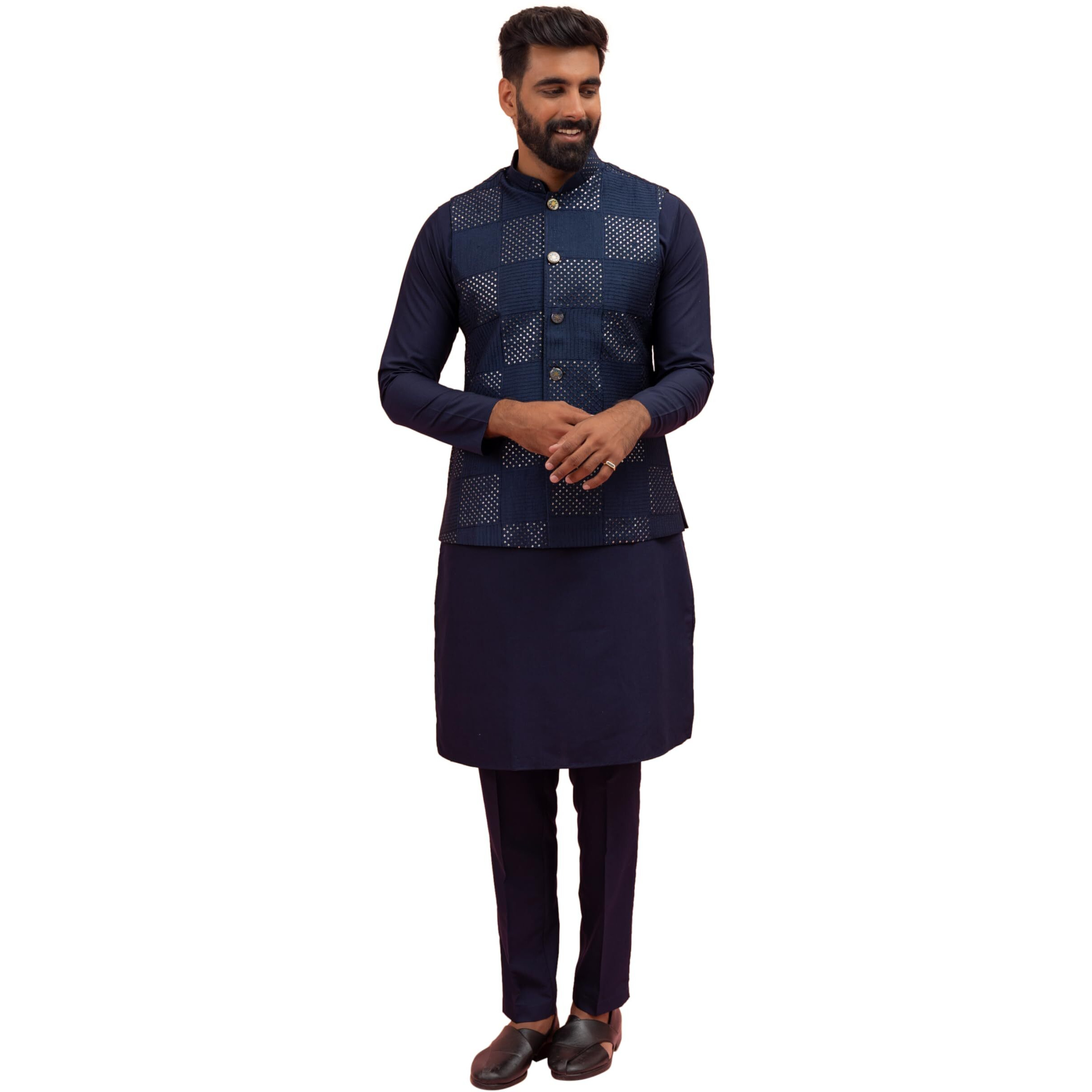 Kisah Mens Kurta Jacket Trouser Set, Navy Blue Cotton Blend, Embroidered Regular Fit Mandarin Collar Long Sleeves (L)