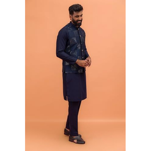 Kisah Mens Kurta Jacket Trouser Set, Navy Blue Cotton Blend, Embroidered Regular Fit Mandarin Collar Long Sleeves (L)