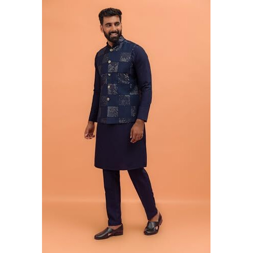 Kisah Mens Kurta Jacket Trouser Set, Navy Blue Cotton Blend, Embroidered Regular Fit Mandarin Collar Long Sleeves (L)