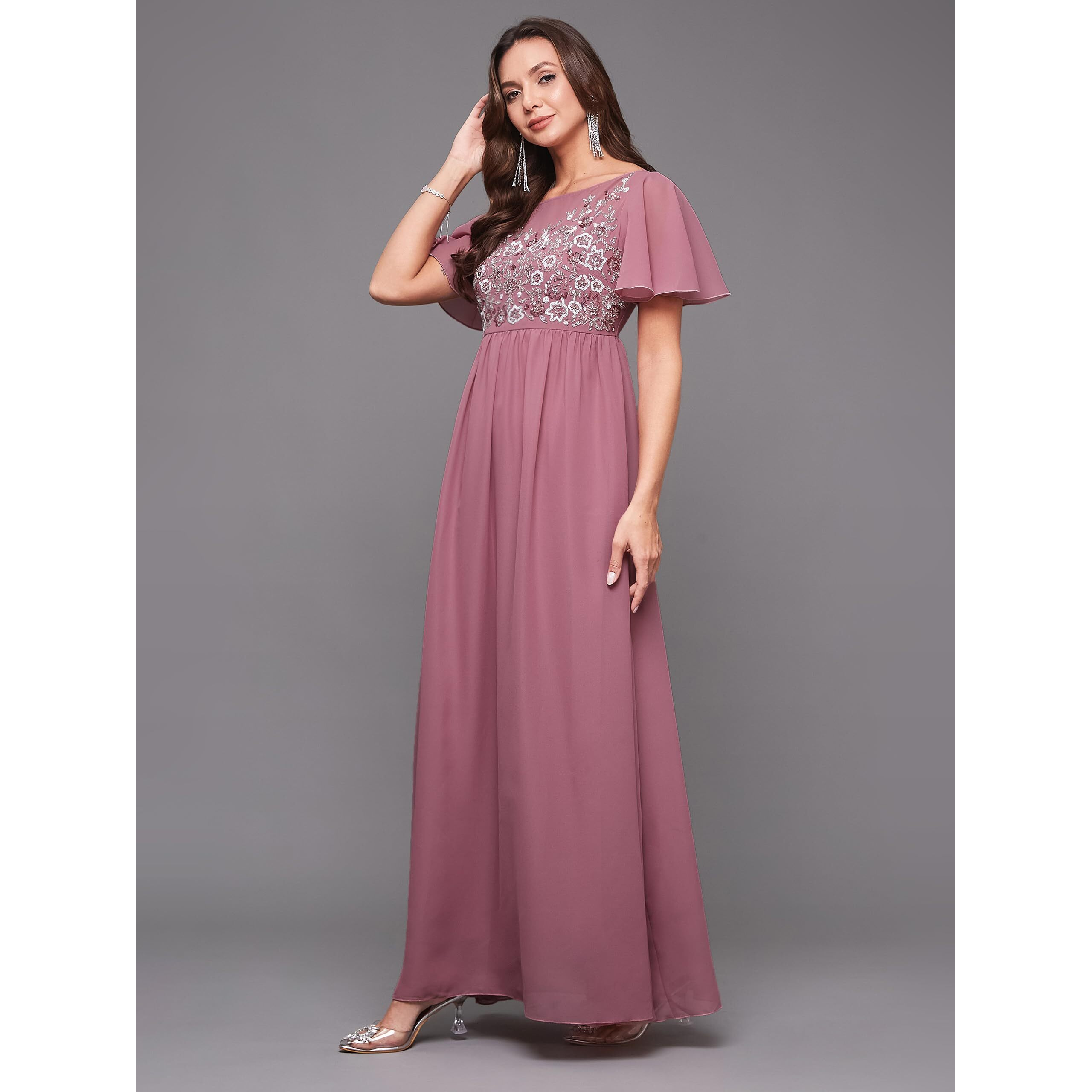 Miss Chase Womens Boat Neck Half Sleeve Solid Embellished Georgette Maxi Dress (Mcaw21D06-24-261-06, Dusty Lavender, Xl)