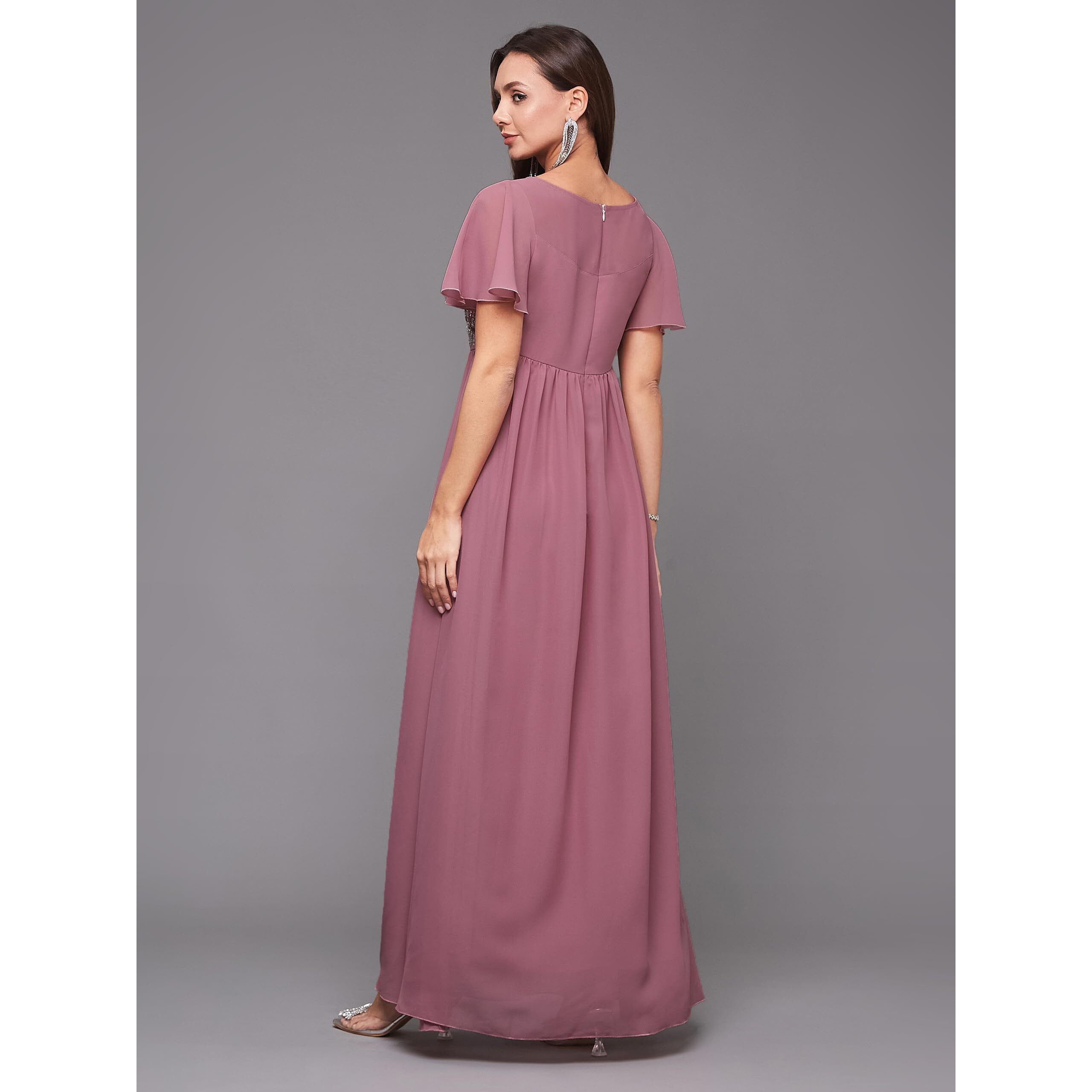 Miss Chase Womens Boat Neck Half Sleeve Solid Embellished Georgette Maxi Dress (Mcaw21D06-24-261-06, Dusty Lavender, Xl)