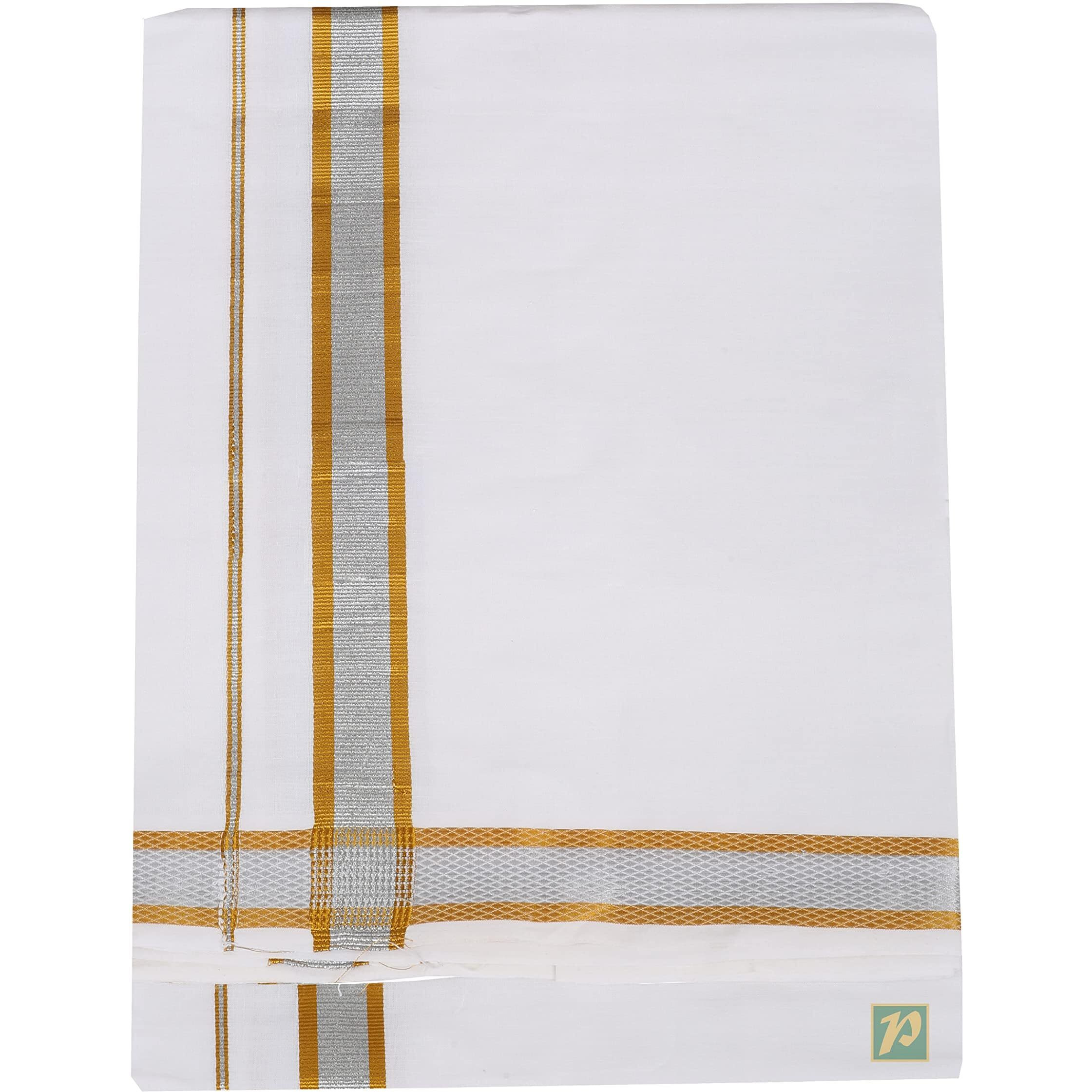 Prakasam Cotton Mens Fine Quality Silver Gold Border Jari Cotton Double Dhoti (1.29X4.00Mtrs) Pack Of 2