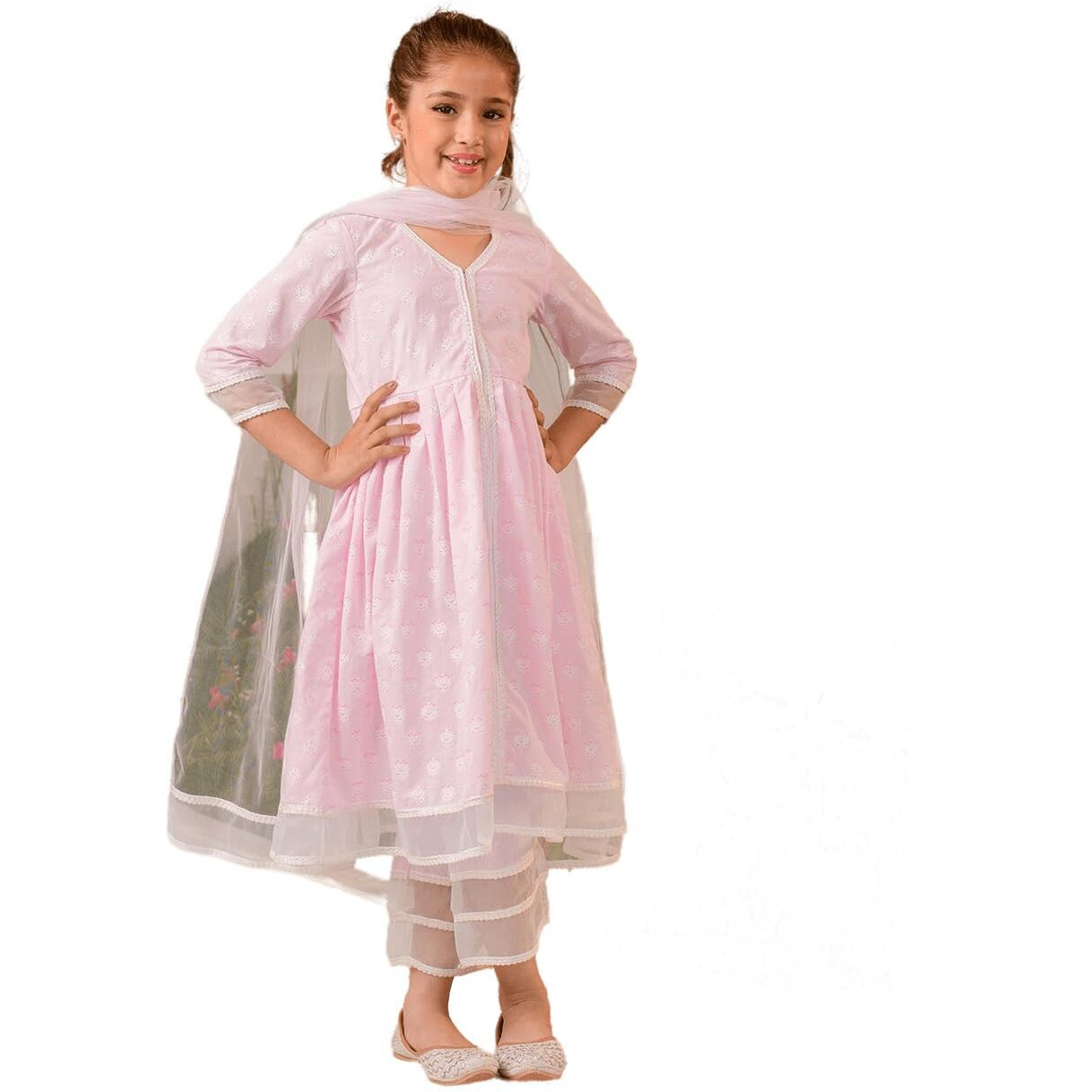 Pspeaches Girls Cotton Kurta & Palazzo (Ks-Pinkoffwhite-6-7Y_Pink