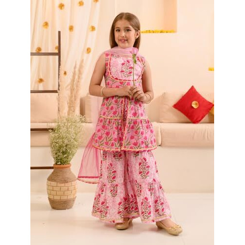 Pspeaches Girls Cotton Kurta & Sharara (Sha-Pinklotus-3-4Y_Pink