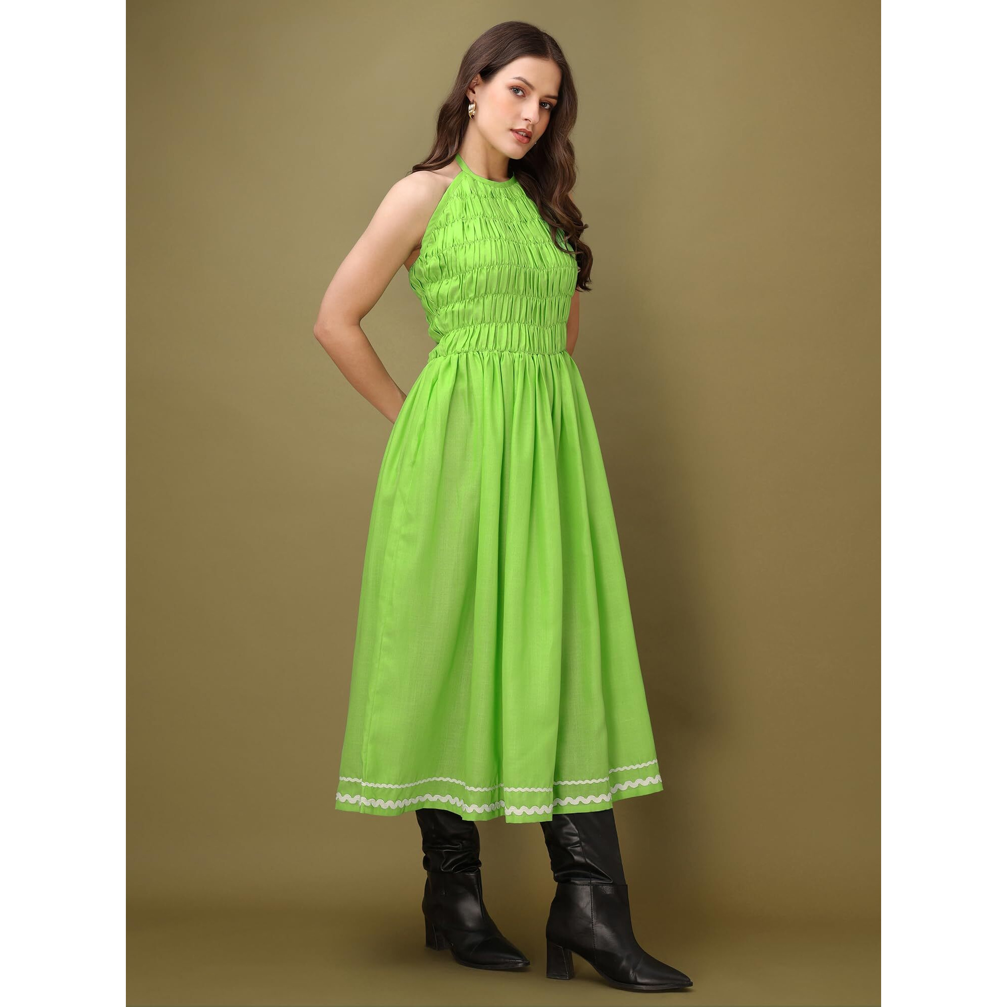 Purvaja Womens Halter Neck Fit & Flared Cotton Blend Dress (Floe-042-Xxl_Green)
