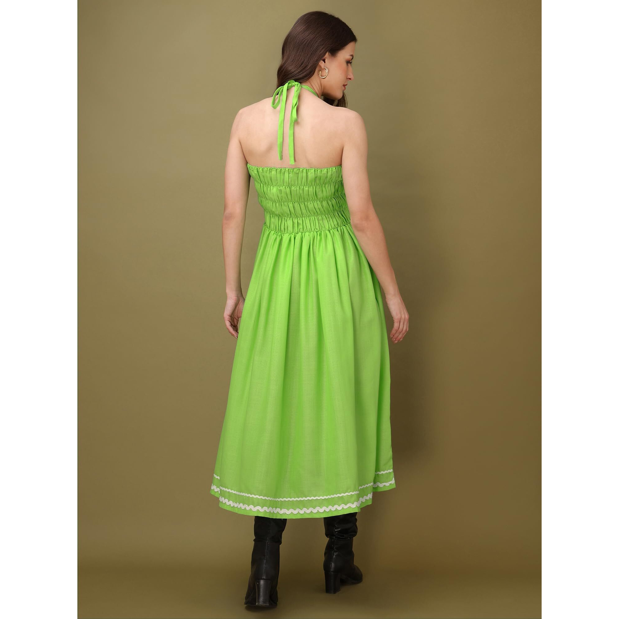 Purvaja Womens Halter Neck Fit & Flared Cotton Blend Dress (Floe-042-Xxl_Green)