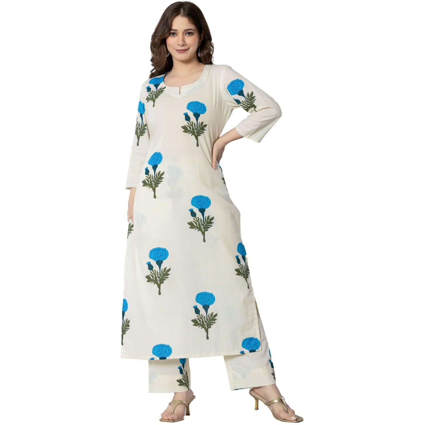 Rytras Womens Pure Cotton Printed Straight Kurta Set With Palazzo Pants - Ethnic Wear, White(Ryt589-New,S)
