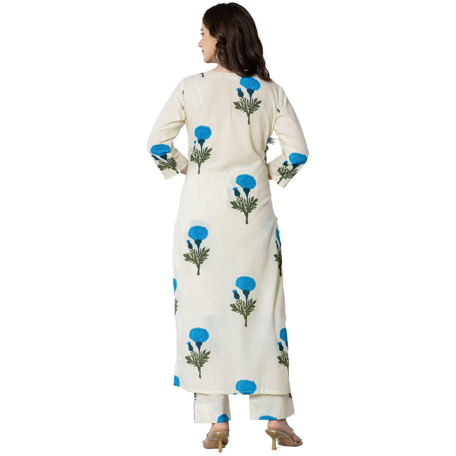 Rytras Womens Pure Cotton Printed Straight Kurta Set With Palazzo Pants - Ethnic Wear, White(Ryt589-New,S)