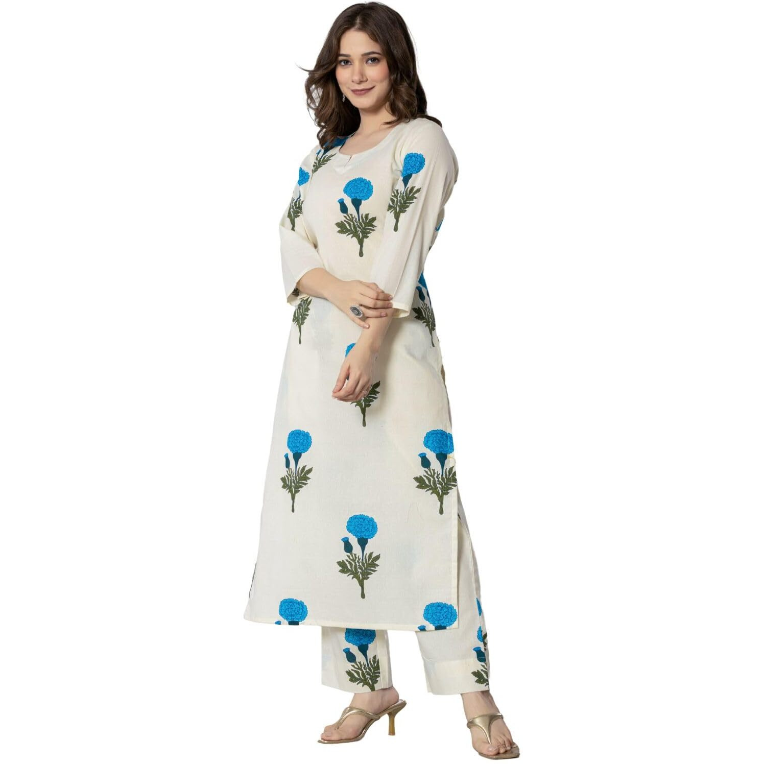 Rytras Womens Pure Cotton Printed Straight Kurta Set With Palazzo Pants - Ethnic Wear, White(Ryt589-New,S)