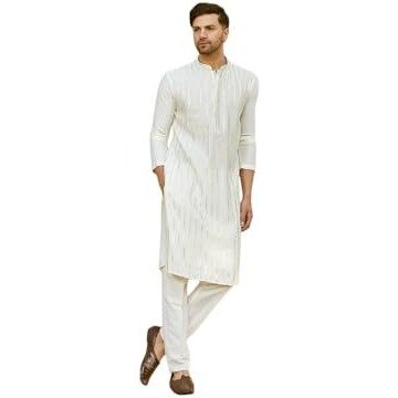 See Designs Men Full Sleeve Off White And Gold Chanderi Silk Sequins Mandarin Collar Side Slit Kurta With Pyjama - Sd2Kt_242206Xxl