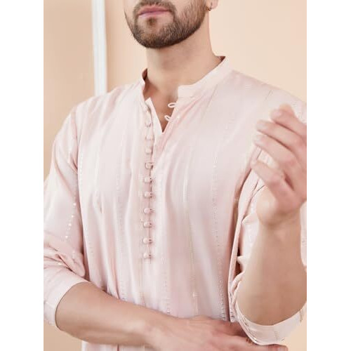 See Designs Full Sleeve Side Slit Pink And Gold Chanderi Silk Sequins Mandarin Collar Kurta With Pyjama - Sdkt243201Xs