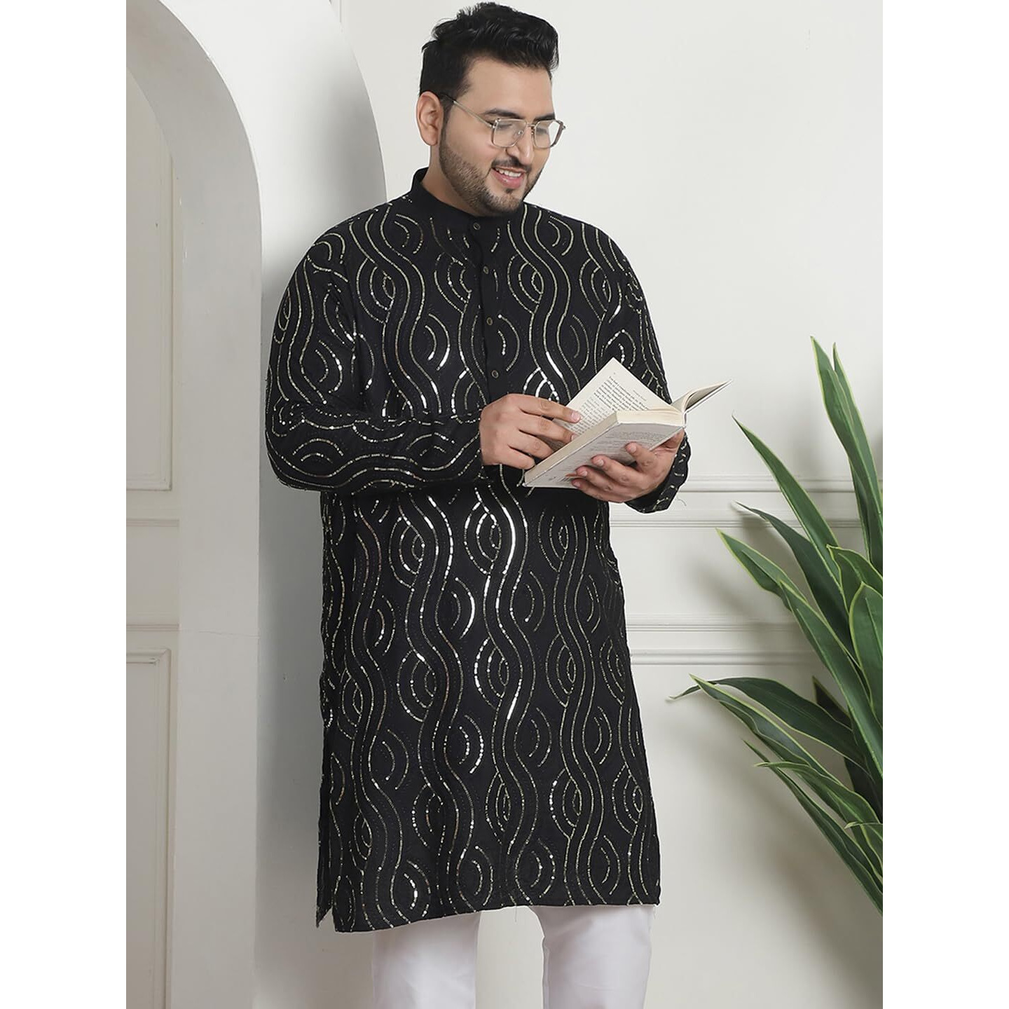 Sojanya Plus (Since 1958) Mens Cotton Designer Black Long Kurta