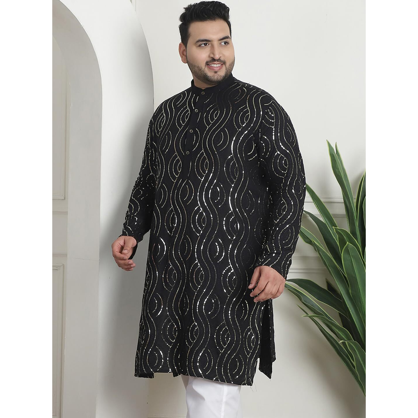 Sojanya Plus (Since 1958) Mens Cotton Designer Black Long Kurta