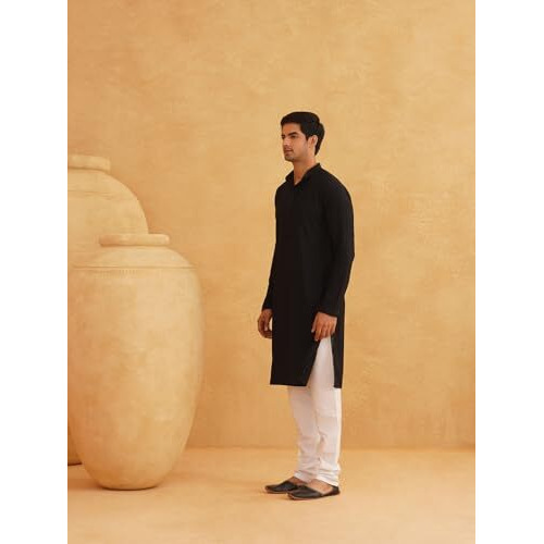 Sojanya (Since 1958 Mens Cotton Embroidered Thread Work Black Kurta With White Churidar Pyjama