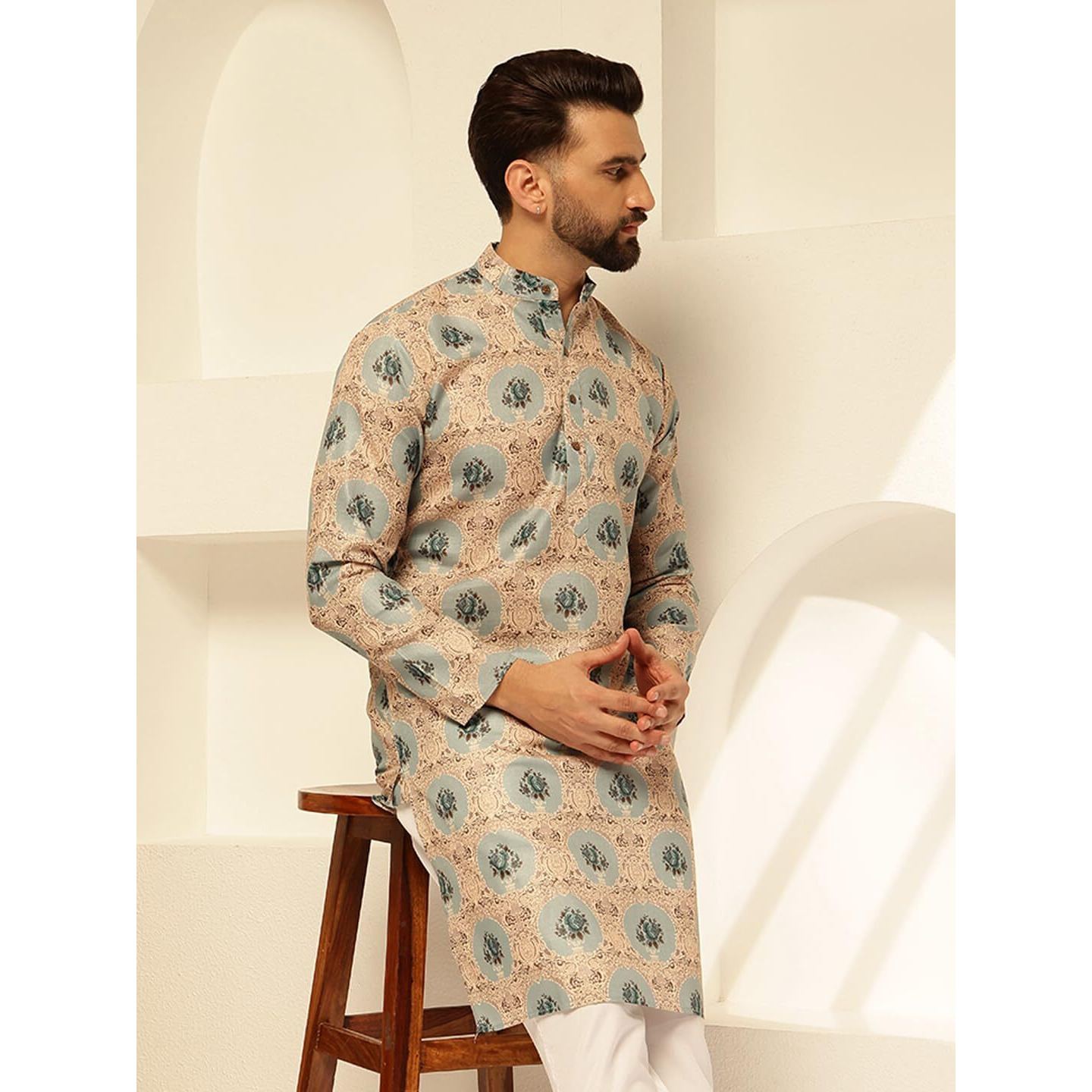 Sojanya (Since 1958 Mens Cotton Linen Motif Bloom Printed Pista Kurta With White Pyjama